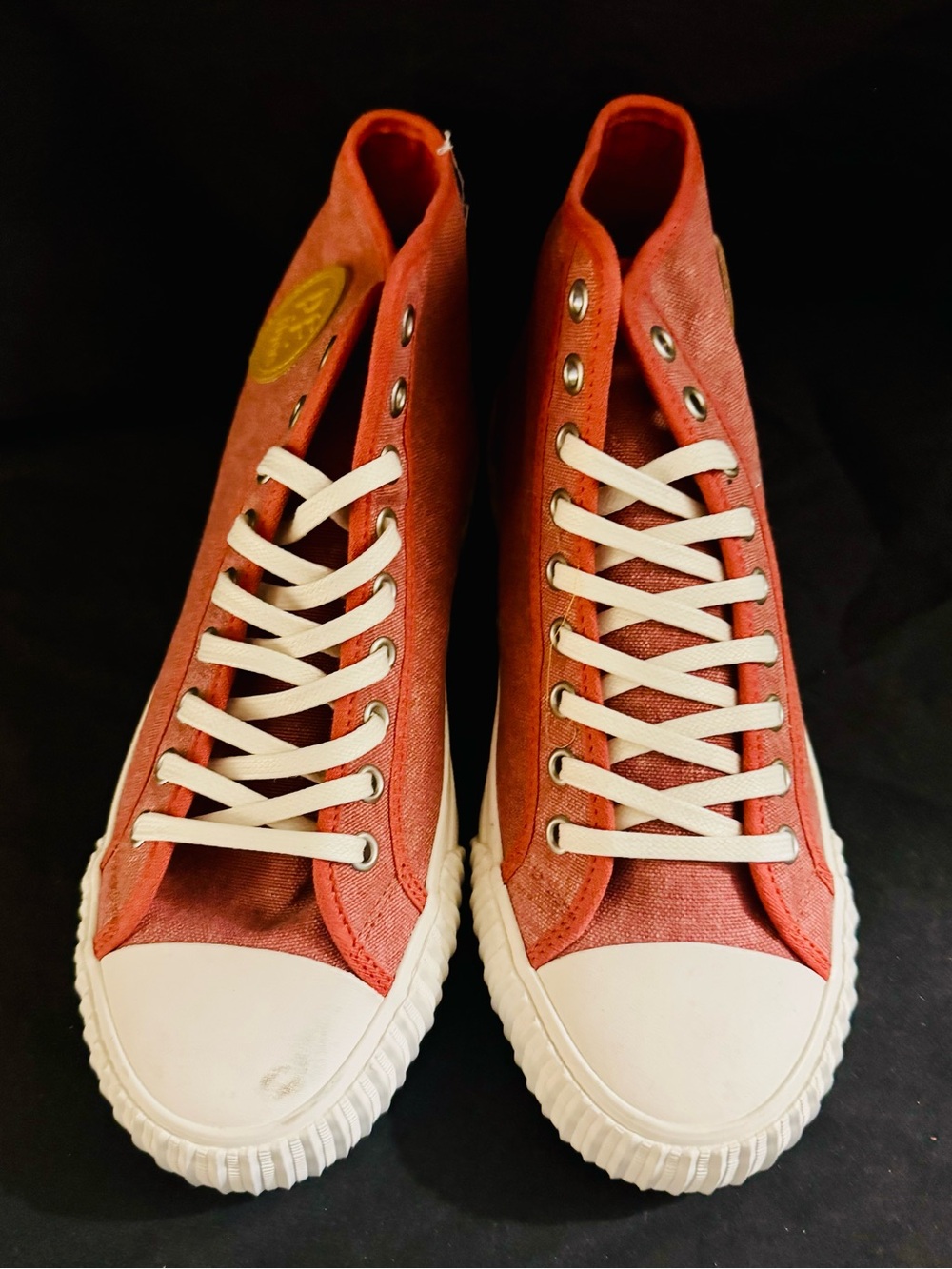 These are red PF Flyers Center Hi sneakers with white rubber soles and laces.